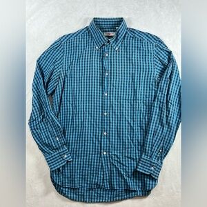 Luciano Barbera Size Large Classic Navy Gingham Cotton Twill Made in Italy Shirt